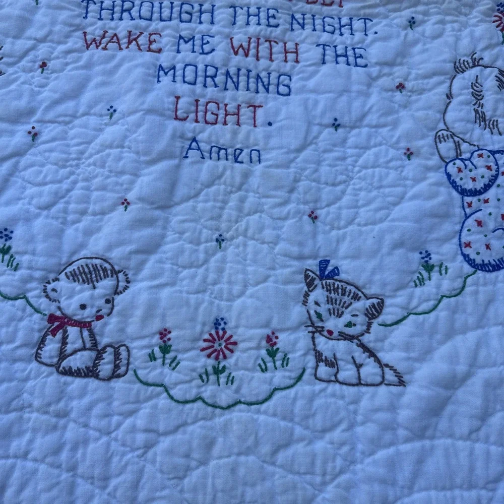 VTG Baby Crib Prayer Blanket 33x46 Angels Now I Lay Me Down To Sleep Embroidered